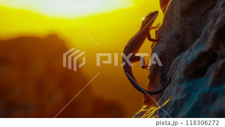 A small lizard clings to a rock face, silhouetted against a fiery sunset. A small lizard clings to a rock face, silhouetted against a fiery sunset. 118306272