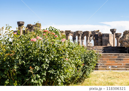 view of Zvartnots Cathedral from garden in Armenia 118306321