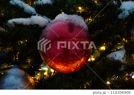Christmas tree bauble red ball covered with snow and ice, lit with garlands in the evening. Horizontal photo template for New Year or Christmas card. Artificial, decorated green plastic Xmas tree. Christmas tree bauble red ball covered with snow and ice, lit with garlands in the evening. Horizontal photo template for New Year or Christmas card. Artificial, decorated green plastic Xmas tree. 118306906