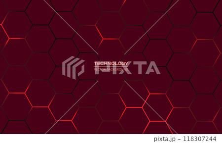 Red hexagon abstract technology background with red colored bright flashes 118307244