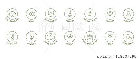 Organic cosmetic line icon big set. Natural product badges. Clean cosmetic, safe for children, hypoallergenic, non toxic. GMO free emblems. Vegan, bio food. Vector illustration 118307299