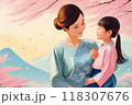 桜の下で子供を抱く母親 118307676