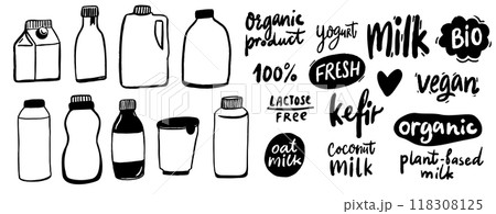 Dairy and lactose free milk product bottles, different shapes and handwritten text. Vegan milk, plant based coconut nilk, ayran, kefir. Hand drawn drawings of packaging and labels, black and white Dairy and lactose free milk product bottles, different shapes and handwritten text. Vegan milk, plant based coconut nilk, ayran, kefir. Hand drawn drawings of packaging and labels, black and white 118308125