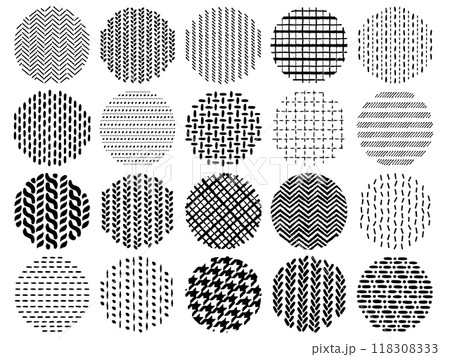 円形の手描き風のステッチと編み目の模様のセット 118308333