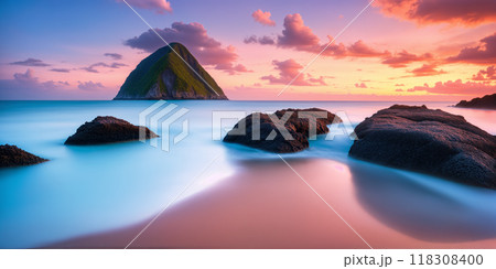 Rocky beach, evening sea view, cloudy sky Rocky beach, evening sea view, cloudy sky 118308400