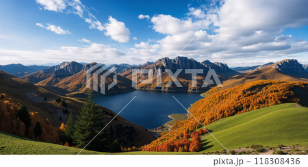 A lake surrounded by mountains with sky and clouds in the background. 118308436