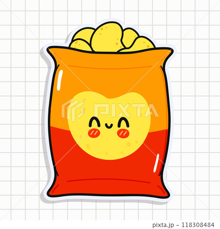 Cute funny Chips sticker. Vector hand drawn cartoon kawaii character illustration icon. Isolated on background. Chips card character concept Cute funny Chips sticker. Vector hand drawn cartoon kawaii character illustration icon. Isolated on background. Chips card character concept 118308484