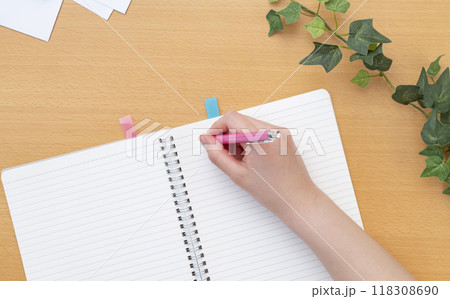 ノートに文字を書く女の子。授業、教室、机、テーブル、学習、勉強、宿題、予習、復習、メモ、ビジネスなど 118308690