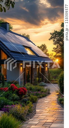 Panel solar energy photovoltaic power roof sun home cell system green house eco industry. Solar energy building panel future electric engineer technology ecology sunset nature station Panel solar energy photovoltaic power roof sun home cell system green house eco industry. Solar energy building panel future electric engineer technology ecology sunset nature station 118309377