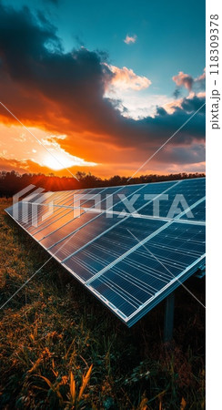 A close-up of a solar panel bathed in the warm hues of a sunset, highlighting the potential of solar energy as a clean and renewable energy source. A close-up of a solar panel bathed in the warm hues of a sunset, highlighting the potential of solar energy as a clean and renewable energy source. 118309378