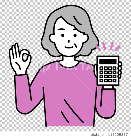 An elderly woman holding a calculator and making an OK sign 118309857