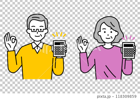 Elderly men and women holding a calculator and making an OK sign Set Elderly men and women holding a calculator and making an OK sign Set 118309859