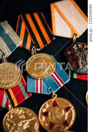 Anniversary Medals Of A Victory In The Great Patriotic War On A Coat Anniversary Medals Of A Victory In The Great Patriotic War On A Coat 118309949