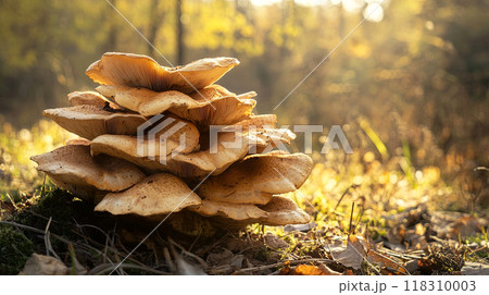 Mushroom stack amidst serene forest background. Perfect for nature 118310003
