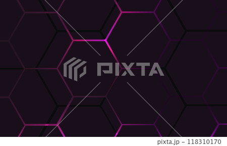 Dark hexagonal gaming abstract background with pink colored bright flashes. Dark hexagonal gaming abstract background with pink colored bright flashes. 118310170