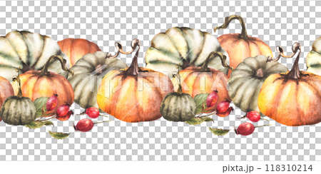 Pumpkins with rose hips border. Watercolor briar fruits, dog rose fall seamless horizontal pattern. Isolated from background. Autumn harvest illustration. Hand drawn design for thanksgiving, halloween Pumpkins with rose hips border. Watercolor briar fruits, dog rose fall seamless horizontal pattern. Isolated from background. Autumn harvest illustration. Hand drawn design for thanksgiving, halloween 118310214