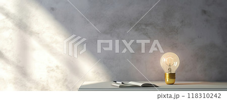 Bright Ideas - Light Bulb and Stationery on Table - Generative AI 118310242