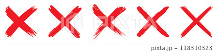 Red cross sign set. Wrong mark collection. Red cross X symbol. Red grunge X icon. Cross brush signs - stock vector illustration. Red cross sign set. Wrong mark collection. Red cross X symbol. Red grunge X icon. Cross brush signs - stock vector illustration. 118310323
