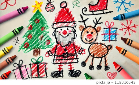 子供がクレヨンで描いたクリスマスの絵 118310345