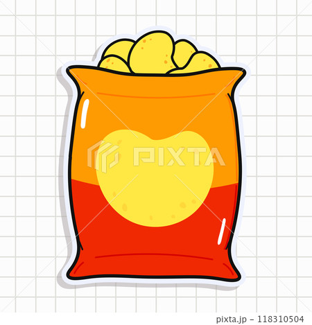 Cute funny Chips sticker. Vector hand drawn cartoon kawaii character illustration icon. Isolated on background. Chips card character concept Cute funny Chips sticker. Vector hand drawn cartoon kawaii character illustration icon. Isolated on background. Chips card character concept 118310504