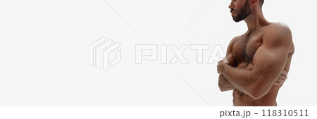 Banner. Cropped photo of toned male body, muscular hands and abs against white background with negative space. Banner. Cropped photo of toned male body, muscular hands and abs against white background with negative space. 118310511