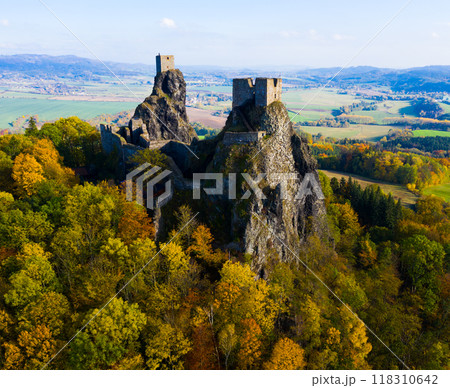 Aerial view of ruined Trosky Castle in Bohemian Paradise 118310642