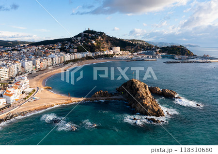 Drone view of Blanes overlooking Sa Palomera Rock and San Juan castle hill Drone view of Blanes overlooking Sa Palomera Rock and San Juan castle hill 118310680