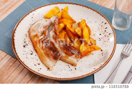 Fried pork belly with potato, homemade dinner 118310788