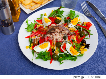 Xato salad with cod, chopped eggs and corn 118310819
