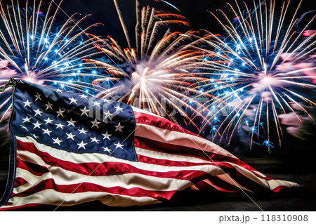 American Flag and Spectacular Fireworks Show - Generative AI American Flag and Spectacular Fireworks Show - Generative AI 118310908