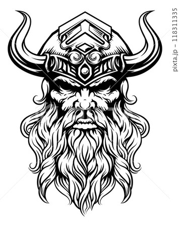 Viking Warrior Man Strong Mascot Face in Helmet 118311335