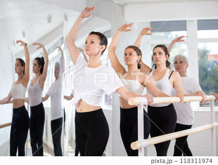 Girls in ballet class perform third position with participation of mature female mentor Girls in ballet class perform third position with participation of mature female mentor 118311974