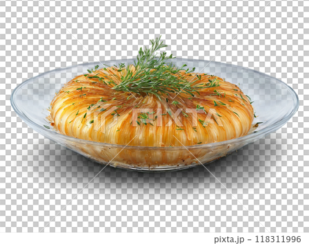 Onions caramelized and served with fresh thyme served on a transparent glass dish sweet Onions caramelized and served with fresh thyme served on a transparent glass dish sweet 118311996