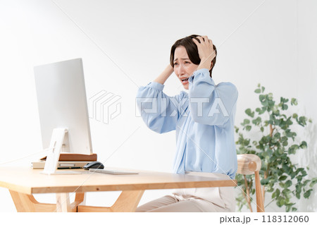 パソコンを見て頭を抱える女性 118312060
