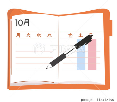 手帳とボールペン。スケジュール帳、日記。ベクターイラスト 手帳とボールペン。スケジュール帳、日記。ベクターイラスト 118312150