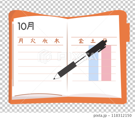 手帳とボールペン。スケジュール帳、日記。ベクターイラスト 手帳とボールペン。スケジュール帳、日記。ベクターイラスト 118312150