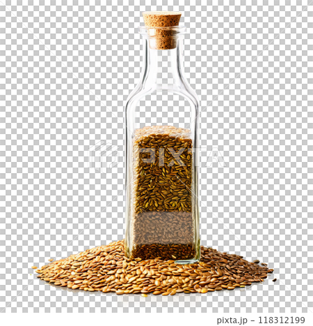 Flaxseed oil in a clear glass bottle with a sprinkle of flaxseeds on a transparent 118312199