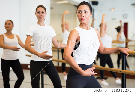 Dancing Asian woman perform demi plie near the ballet barre, standing in a ballet stance 118312270