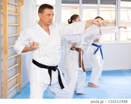Athletes have starting position and repeating sequence of punches and painful techniques in kata 118312486