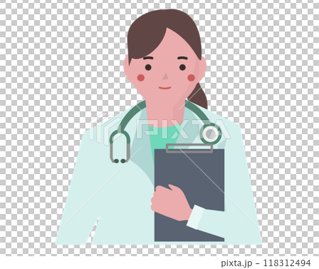一名身穿白大褂的女子拿著病歷。一位微笑開朗的醫生。向量圖 一名身穿白大褂的女子拿著病歷。一位微笑開朗的醫生。向量圖 118312494