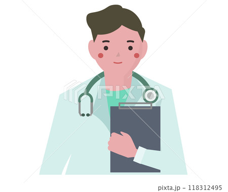 カルテを持つ白衣の男性。笑顔で爽やかな医者。ベクターイラスト カルテを持つ白衣の男性。笑顔で爽やかな医者。ベクターイラスト 118312495