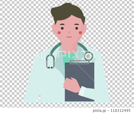 A man in a white coat holding a medical record. A smiling and refreshing doctor. Vector illustration 118312495