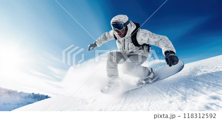 Extreme Snowboarder Riding the Snowy Mountain Terrain - Generative AI 118312592