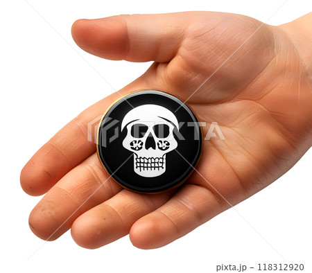 A hand displays a gold coin adorned with a skull emblem, reflecting themes of piracy and adventure. The atmosphere evokes curiosity and intrigue about hidden treasures. 118312920