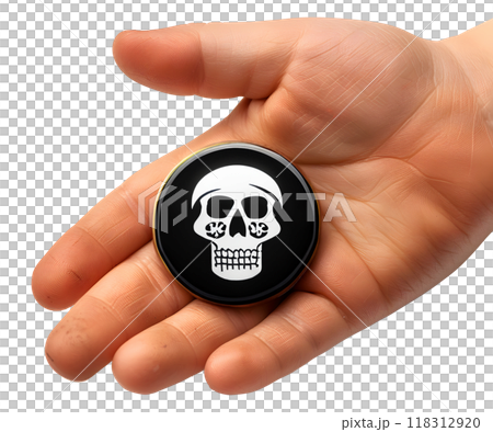 A hand displays a gold coin adorned with a skull emblem, reflecting themes of piracy and adventure. The atmosphere evokes curiosity and intrigue about hidden treasures. 118312920