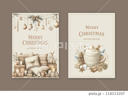 Merry Christmas and Happy New Year watercolor poster. Cozy and Warm feeling for the Holidays. 118313207