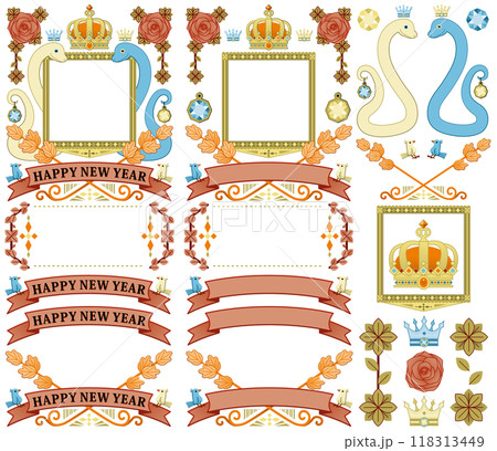 巳年イラスト年賀状デザイン素材「王冠エンブレムフレーム」HAPPY NEW YEAR 巳年イラスト年賀状デザイン素材「王冠エンブレムフレーム」HAPPY NEW YEAR 118313449