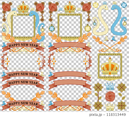 巳年イラスト年賀状デザイン素材「王冠エンブレムフレーム」HAPPY NEW YEAR 巳年イラスト年賀状デザイン素材「王冠エンブレムフレーム」HAPPY NEW YEAR 118313449