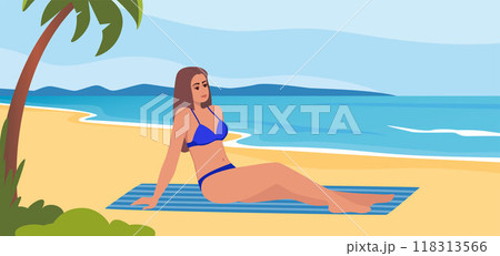 Woman dressed in swimsuit sunbathing on the beach. Girl lying on sand. Vector illustration. Woman dressed in swimsuit sunbathing on the beach. Girl lying on sand. Vector illustration. 118313566