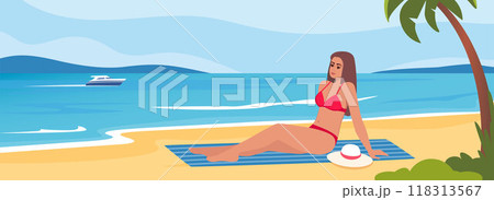 Woman dressed in swimsuit sunbathing on the beach. Girl lying on sand. Vector illustration. Woman dressed in swimsuit sunbathing on the beach. Girl lying on sand. Vector illustration. 118313567